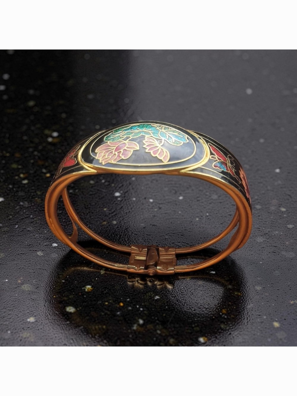 Gold-Tone Floral Enamel Hinged Bangle Bracelet - Green & Pink